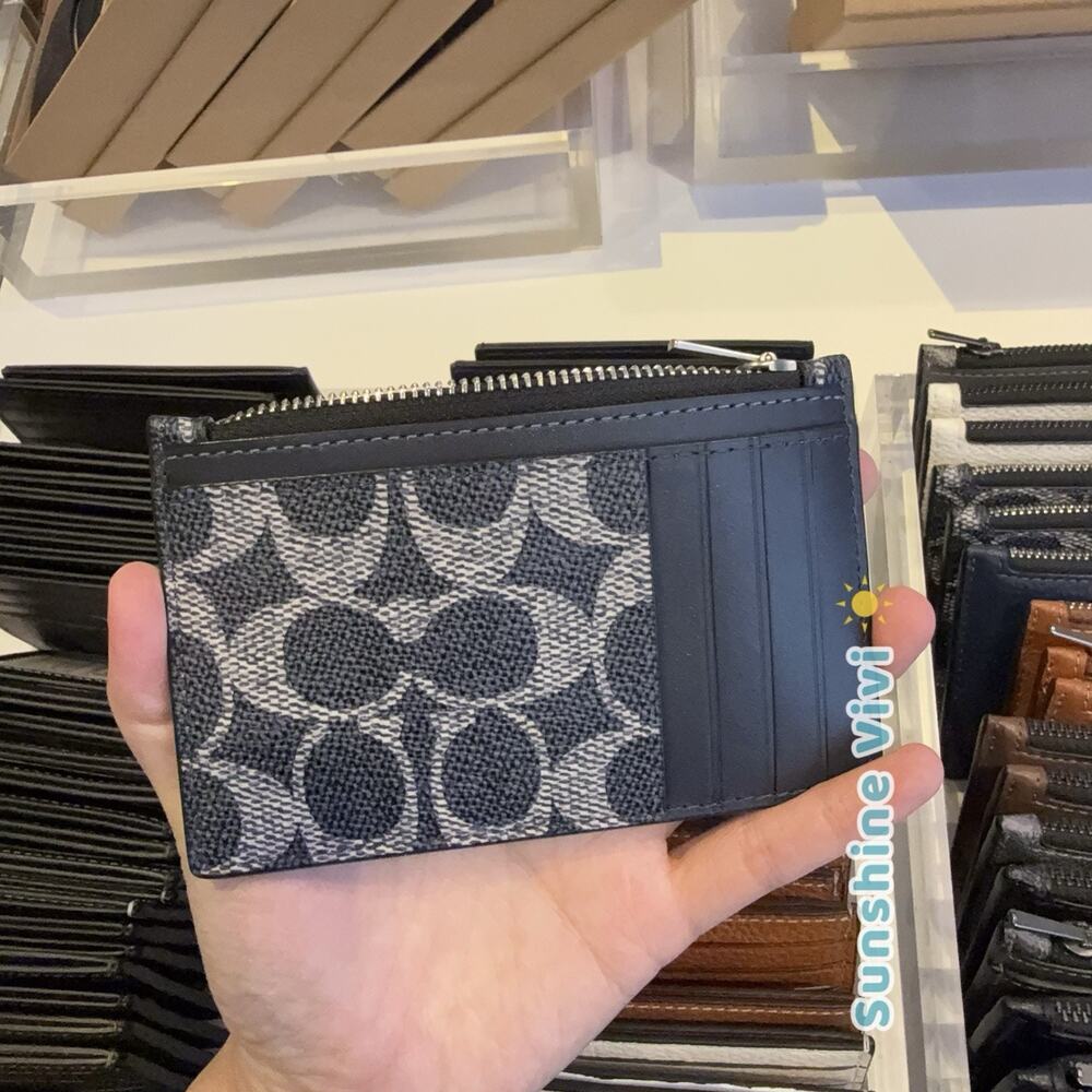 NWT Coach CV764 Zip Card Case Signature Canvas DENIM/CHALK - Picture 3 of 5